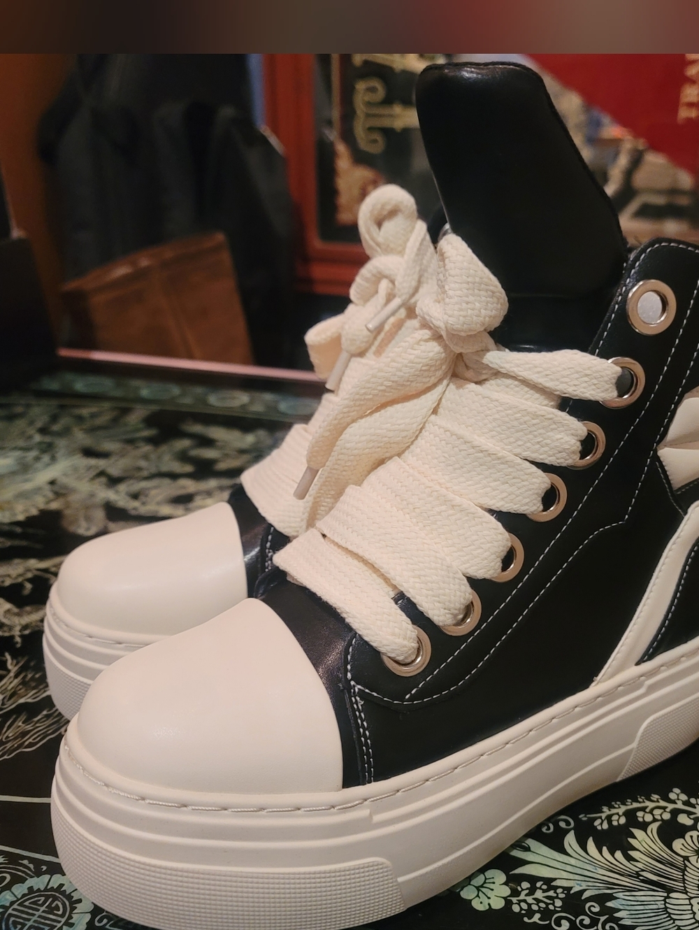 Chunky High-Top Sneakers in Black and Cream